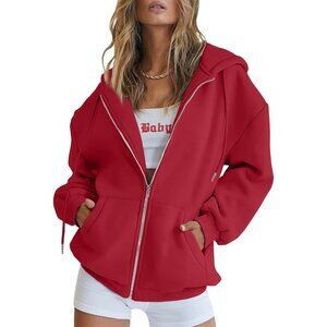 Women's Casual Red Zip Up Pocket Fleece Sweatshirts Hoodies Jacket Oversized